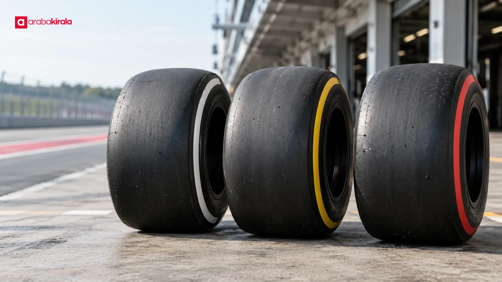 Pit alanında beyaz, sarı ve kırmızı işaretli Formula 1 slick lastikleri Pit alanında beyaz, sarı ve kırmızı işaretli Formula 1 slick lastikleri