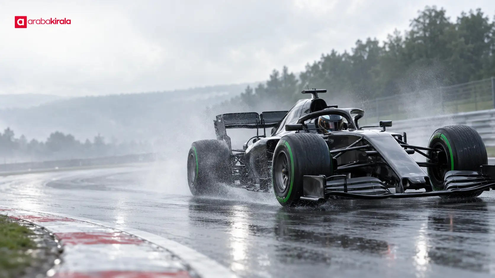 Islak pistte yeşil işaretli ara yağmur lastiğiyle ilerleyen Formula 1 aracı Islak pistte yeşil işaretli ara yağmur lastiğiyle ilerleyen Formula 1 aracı