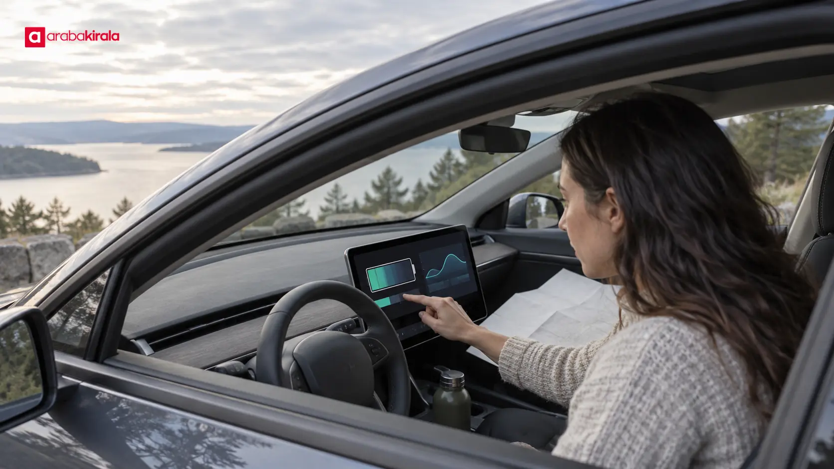 Sürücü elektrikli araçta şarj durumunu ve yol planını inceliyor Sürücü elektrikli araçta şarj durumunu ve yol planını inceliyor