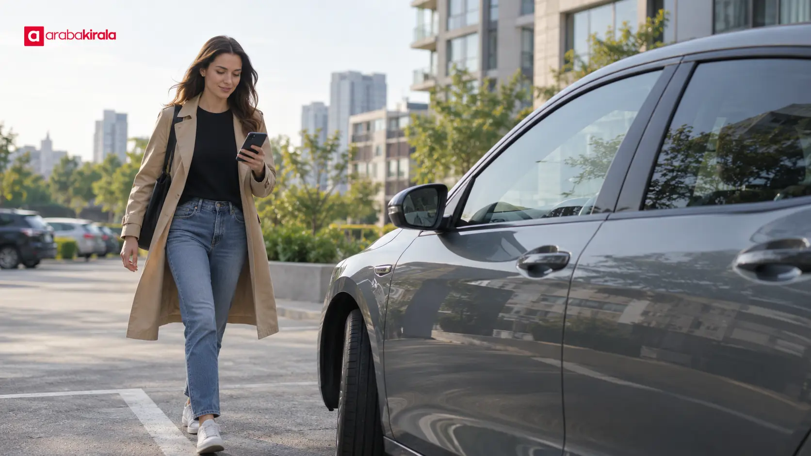 Kullanıcı, sabit park alanındaki aracı almak için telefonundaki araç paylaşım uygulamasını inceliyor. Kullanıcı, sabit park alanındaki aracı almak için telefonundaki araç paylaşım uygulamasını inceliyor.