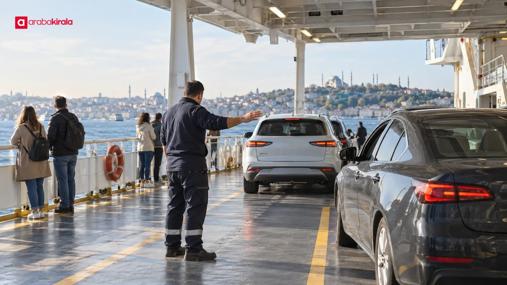 Feribot güvertesinde düzenli biçimde park edilmiş araçlar ve güvenli yönlendirme yapan görevli Feribot güvertesinde düzenli biçimde park edilmiş araçlar ve güvenli yönlendirme yapan görevli