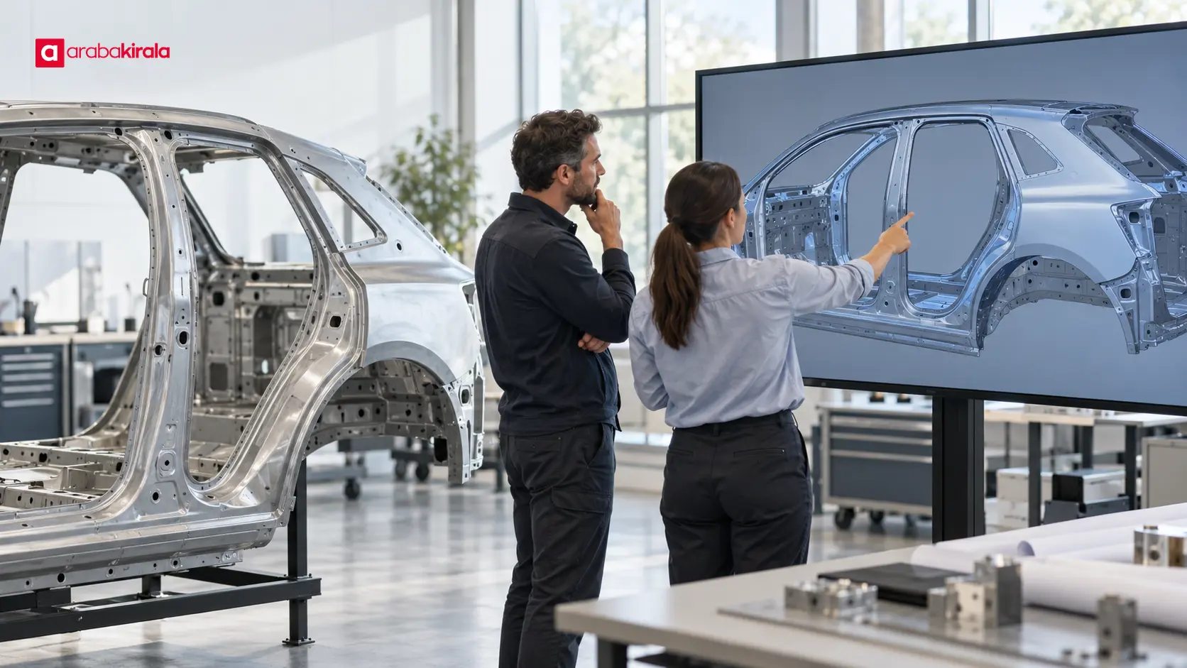 Mühendisler, fiziksel araç gövdesini ekrandaki dijital 3D modelle inceliyor Mühendisler, fiziksel araç gövdesini ekrandaki dijital 3D modelle inceliyor