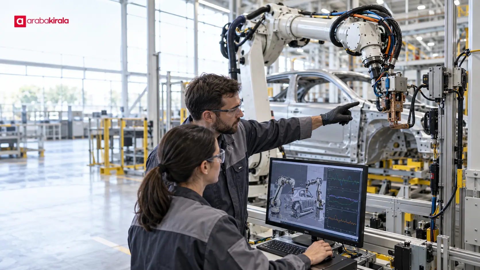 Teknisyenler otomotiv üretim hattındaki robotu sanal hücre modeliyle karşılaştırıyor Teknisyenler otomotiv üretim hattındaki robotu sanal hücre modeliyle karşılaştırıyor