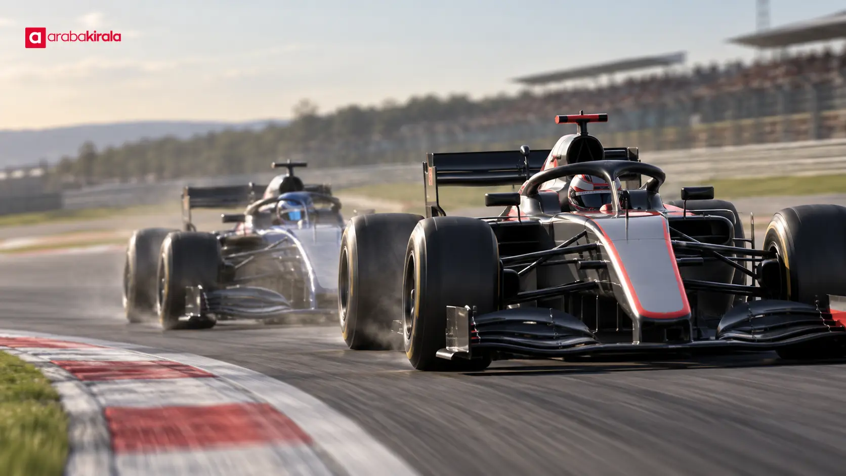 Viraj çıkışında öndeki Formula 1 aracını yakından takip eden yarış otomobili Viraj çıkışında öndeki Formula 1 aracını yakından takip eden yarış otomobili