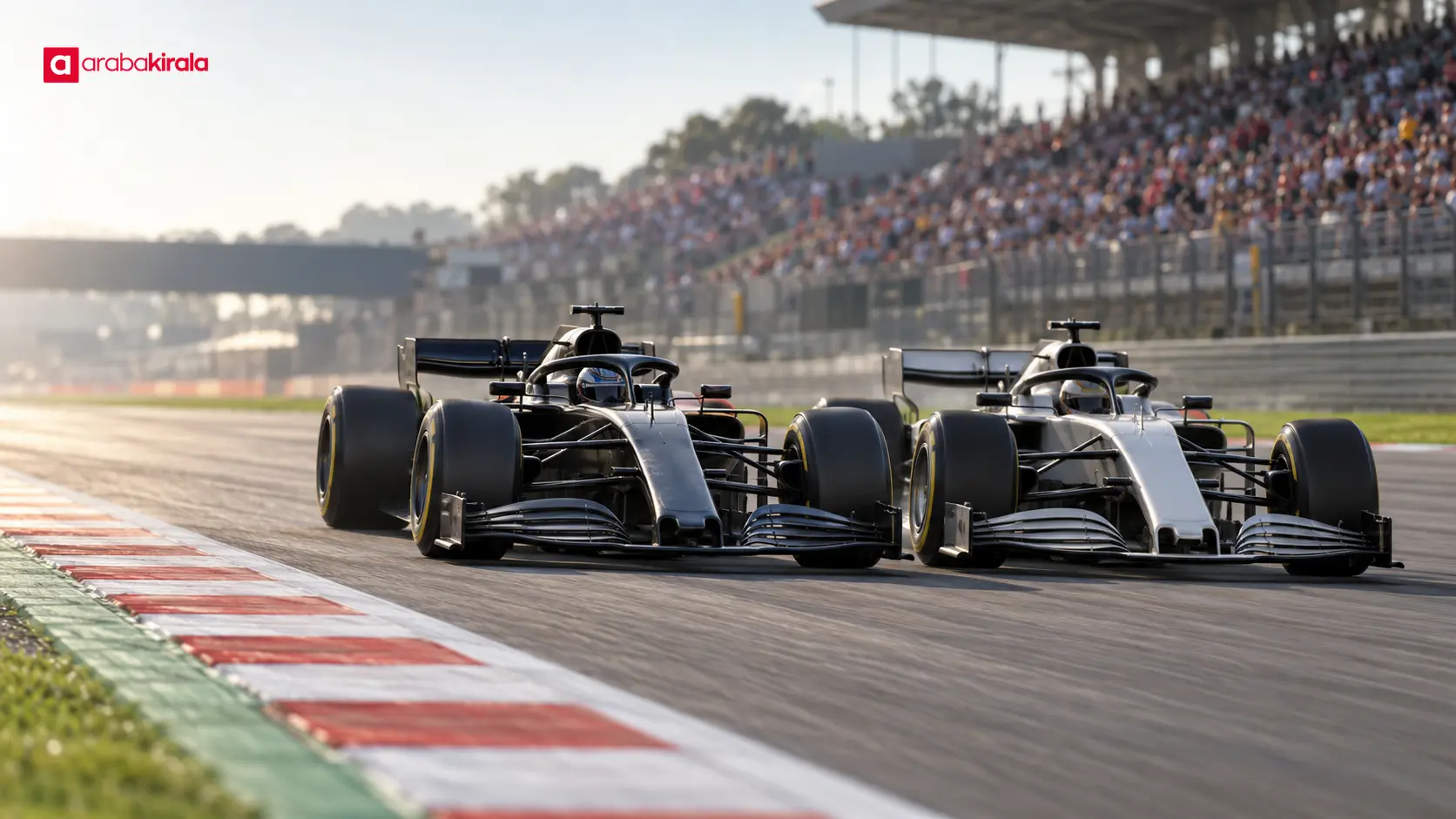 Düzlük sonunda yan yana gelen iki Formula 1 aracı geçiş mücadelesinde Düzlük sonunda yan yana gelen iki Formula 1 aracı geçiş mücadelesinde