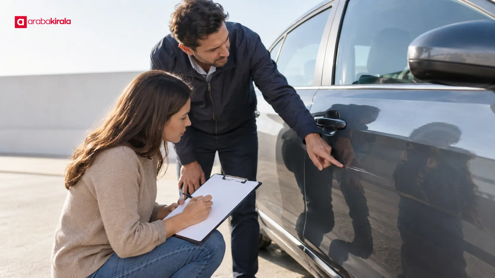 Araç tesliminde sürücünün kiralık otomobilin dışını inceleyip mevcut izleri kaydetmesi