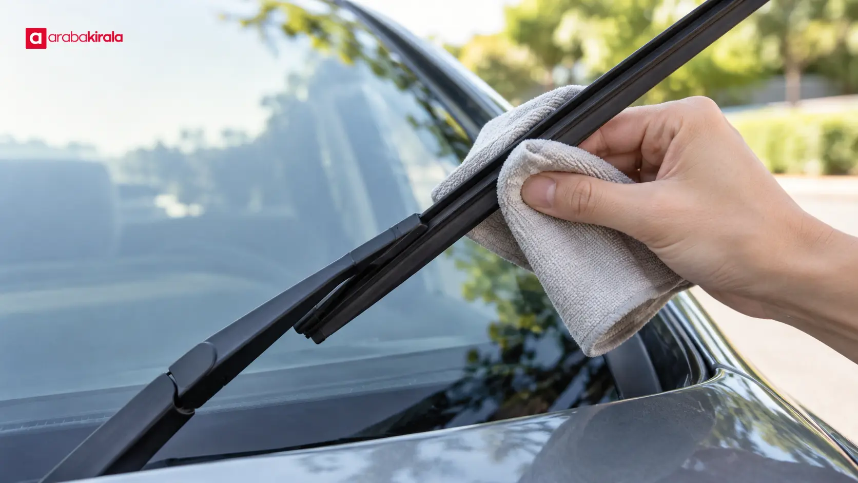 Park hâlindeki otomobilde silecek lastiğinin bezle temizlenmesi