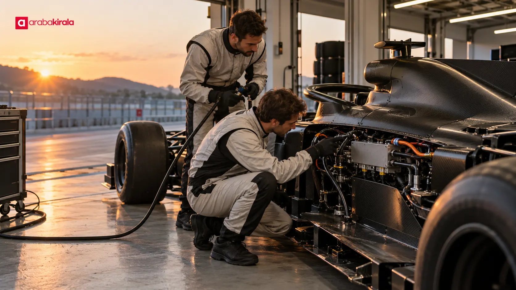 Pit alanında yarış öncesi hazırlanan markasız Formula 1 otomobili Pit alanında yarış öncesi hazırlanan markasız Formula 1 otomobili