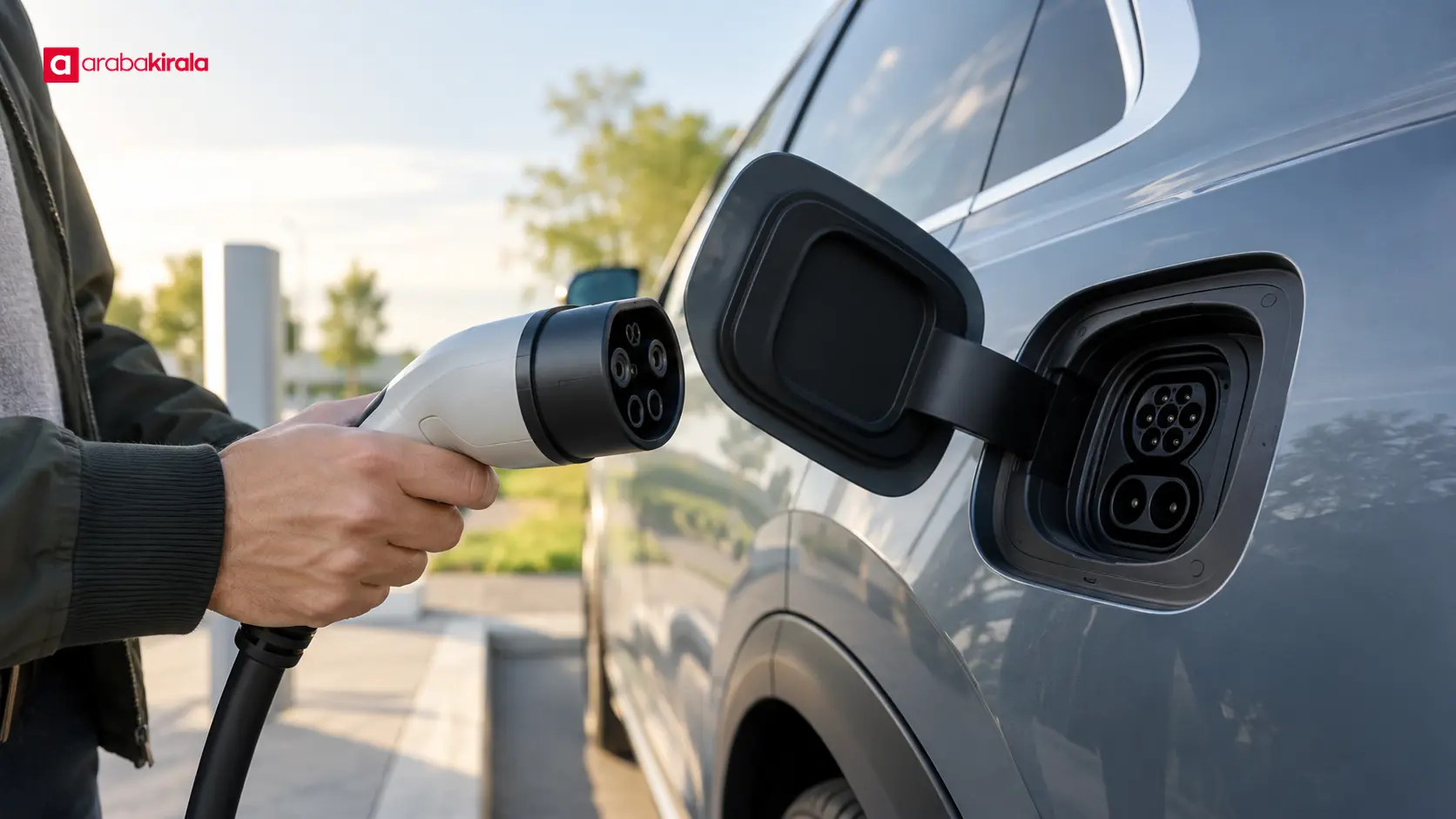 Sürücü elektrikli otomobilin şarj girişini ve kablo konektörünü kontrol ediyor