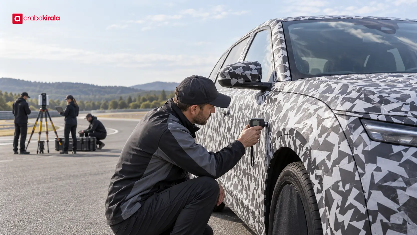 Kapalı test pistinde kamuflajlı prototipi inceleyen otomotiv mühendisi Kapalı test pistinde kamuflajlı prototipi inceleyen otomotiv mühendisi