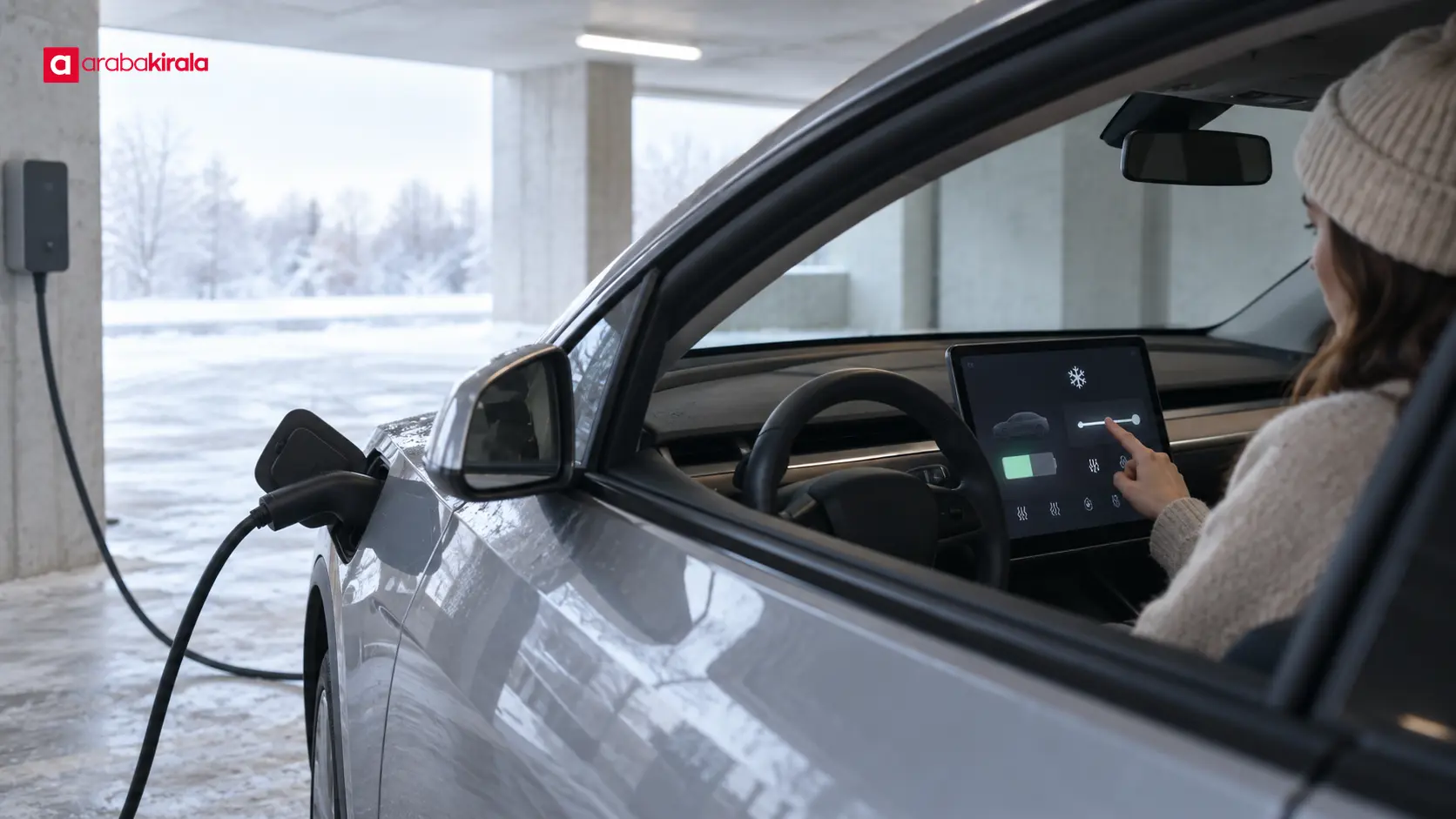 Soğuk havada şarj kablosuna bağlı elektrikli araç bataryasını şarja hazırlıyor