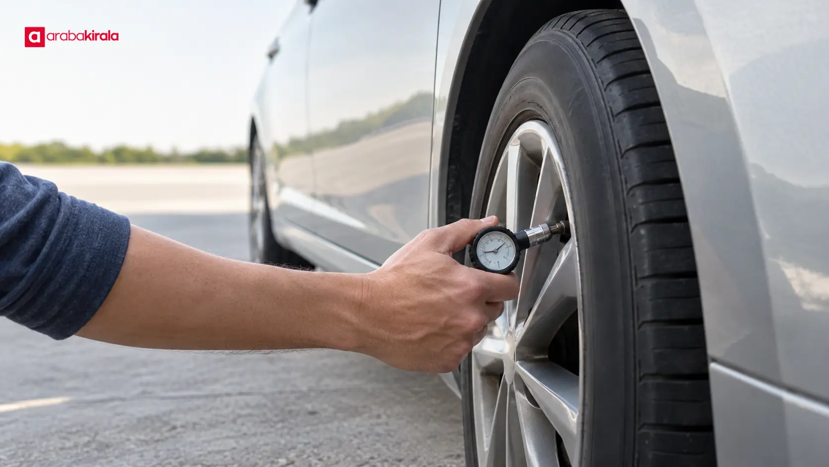Park edilmiş otomobilin lastik basıncını ölçerle kontrol eden kişi