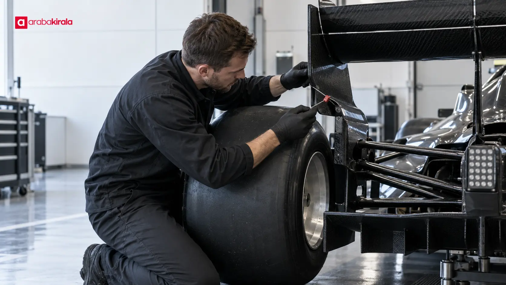 Teknik görevli Formula 1 aracının arka bölümündeki parçaları ve mührü inceliyor Teknik görevli Formula 1 aracının arka bölümündeki parçaları ve mührü inceliyor