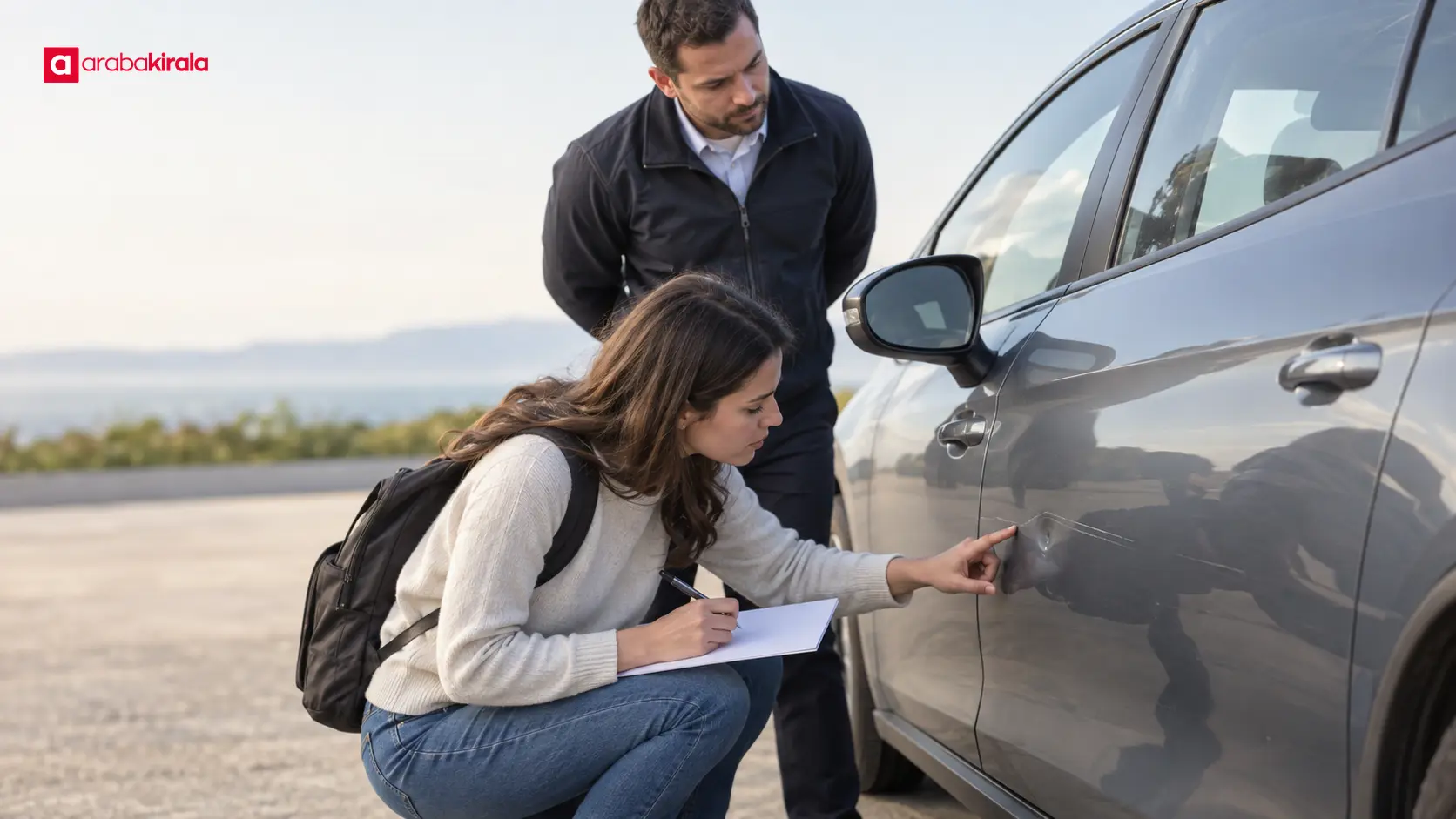 Araç kiralama tesliminde otomobilin dış yüzeyini birlikte inceleyen gezgin ve görevli Araç kiralama tesliminde otomobilin dış yüzeyini birlikte inceleyen gezgin ve görevli