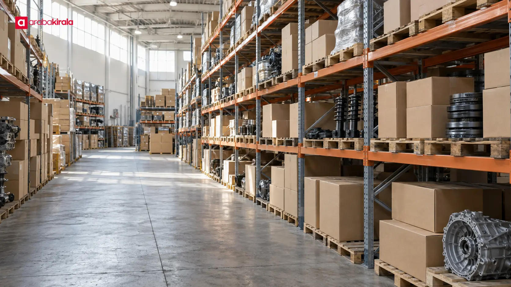 Otomotiv parçalarının paletler üzerinde düzenli tutulduğu depo koridoru Otomotiv parçalarının paletler üzerinde düzenli tutulduğu depo koridoru