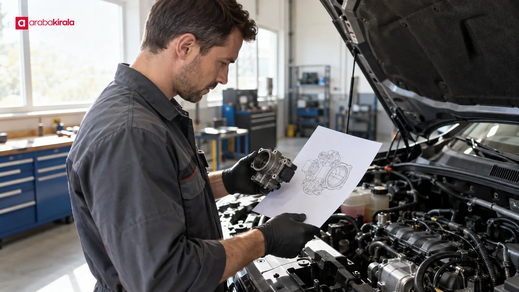 Servis teknisyeninin araç parçasını teknik çizimle birlikte incelediği atölye Servis teknisyeninin araç parçasını teknik çizimle birlikte incelediği atölye