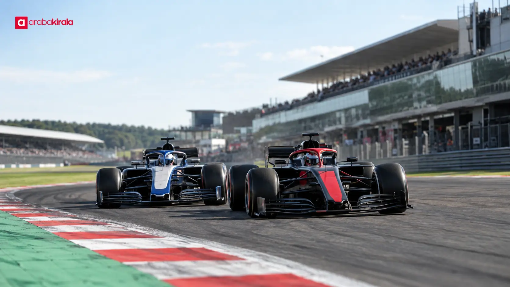 Virajda mücadele eden iki Formula 1 otomobili ve pist kenarı