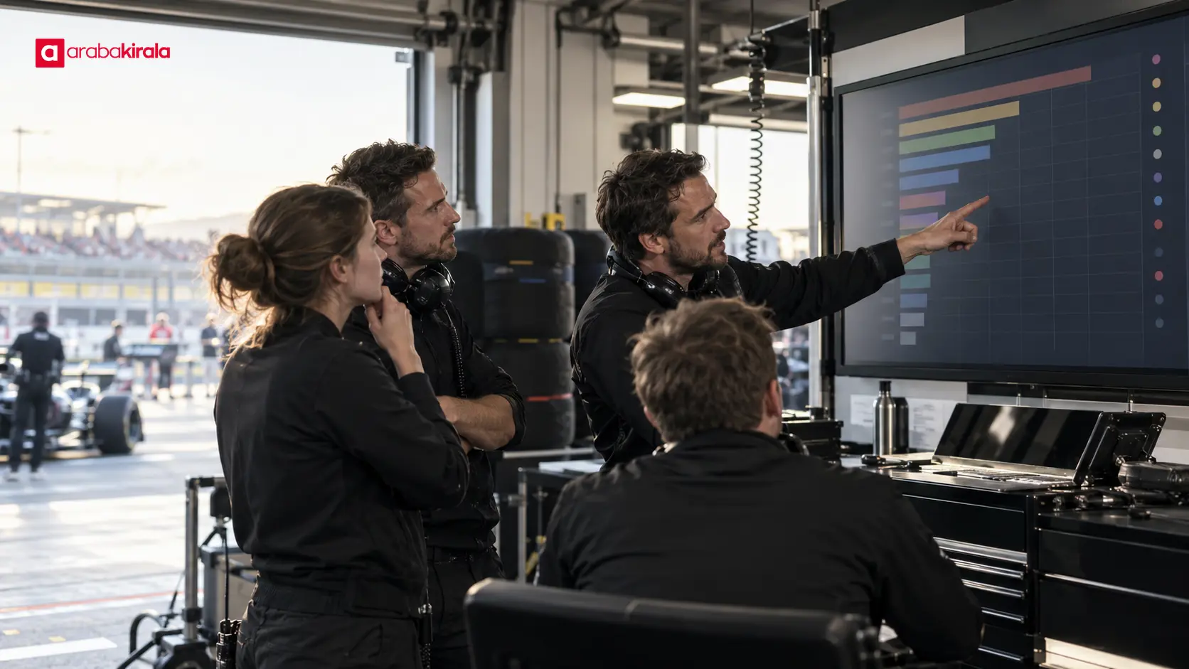Garajda sezon puanlarını inceleyen Formula 1 ekibi