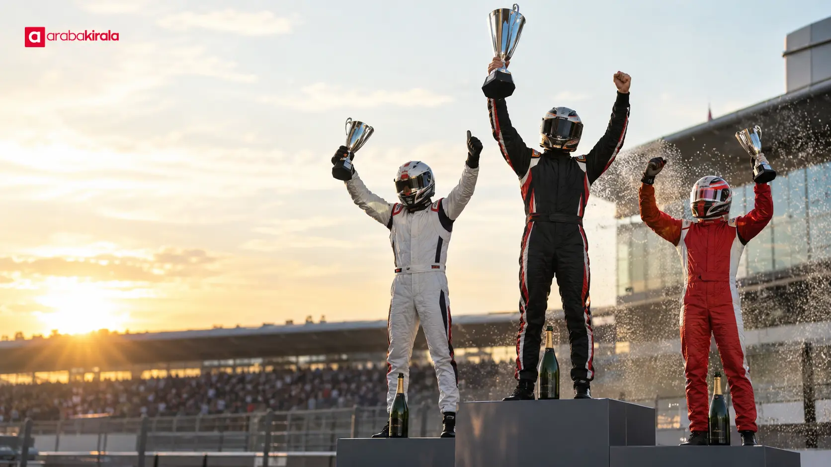 Podyumda kupalarıyla kutlama yapan Formula 1 pilotları