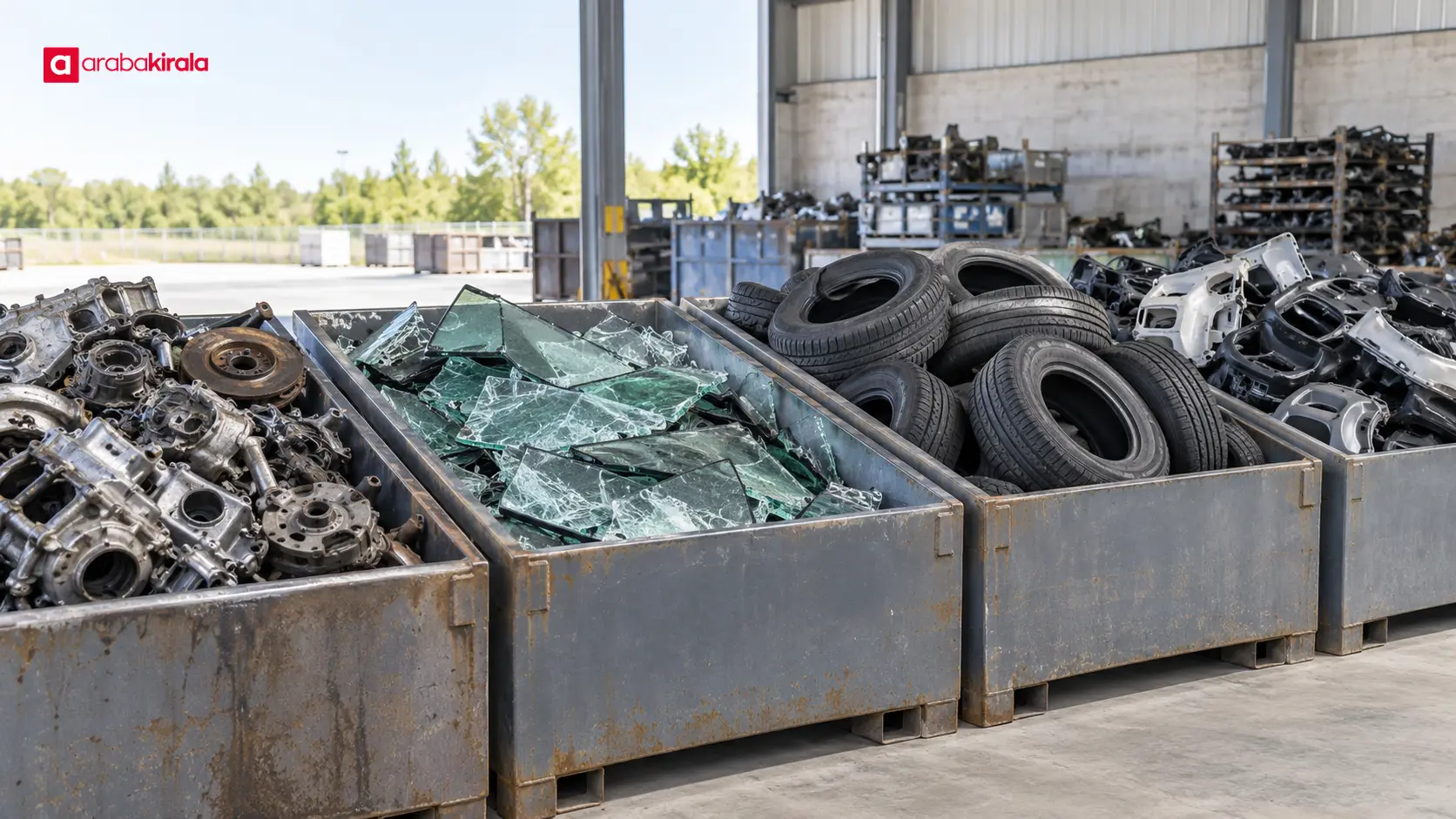 Araç sökümü sonrası metal, cam, lastik ve plastik parçaların ayrı bölümlerde sınıflandırılması Araç sökümü sonrası metal, cam, lastik ve plastik parçaların ayrı bölümlerde sınıflandırılması