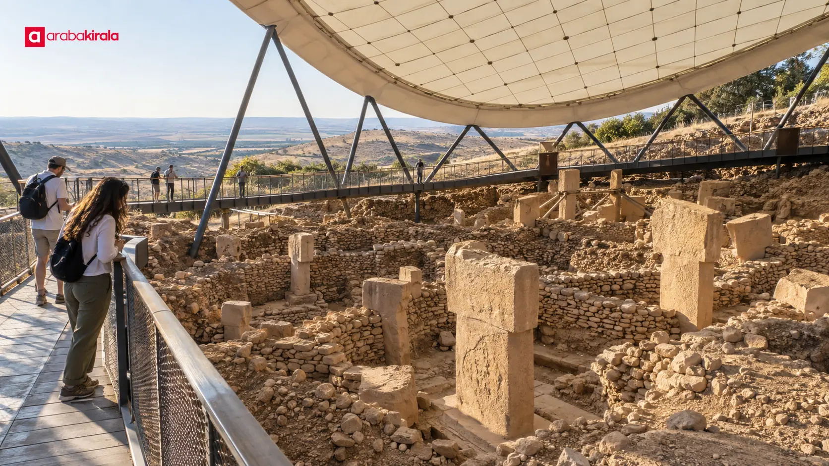 Göbeklitepe’de T biçimli dikilitaşları gezen ziyaretçiler Göbeklitepe’de T biçimli dikilitaşları gezen ziyaretçiler