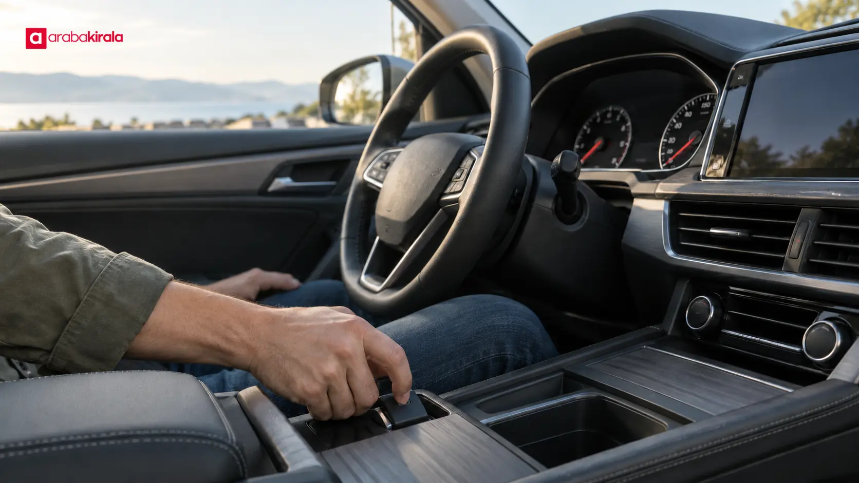 Sürücü, park halindeki otomobilin elektronik park freni anahtarını çekiyor