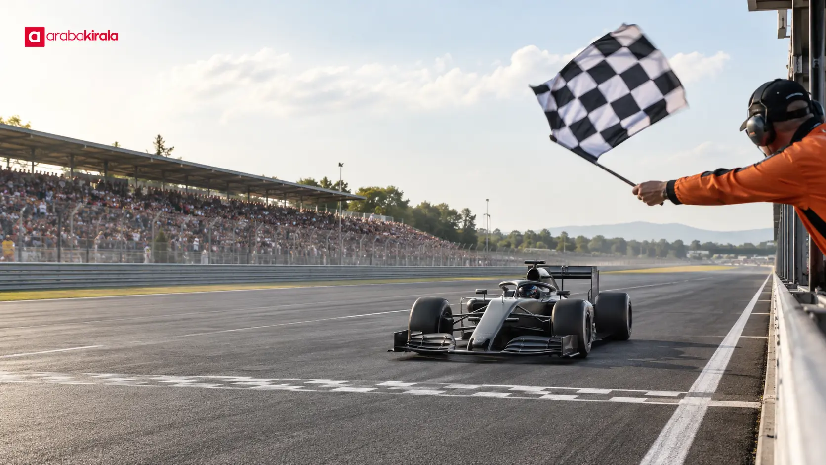 Damalı bayrakla bitiş çizgisine yaklaşan Formula 1 aracı