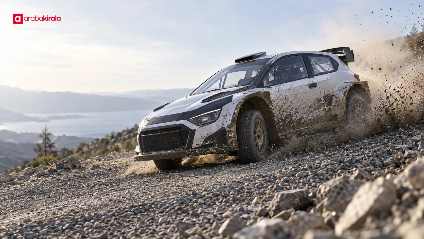 Gevşek çakıllı etapta süspansiyonu çalışan ralli otomobili Gevşek çakıllı etapta süspansiyonu çalışan ralli otomobili
