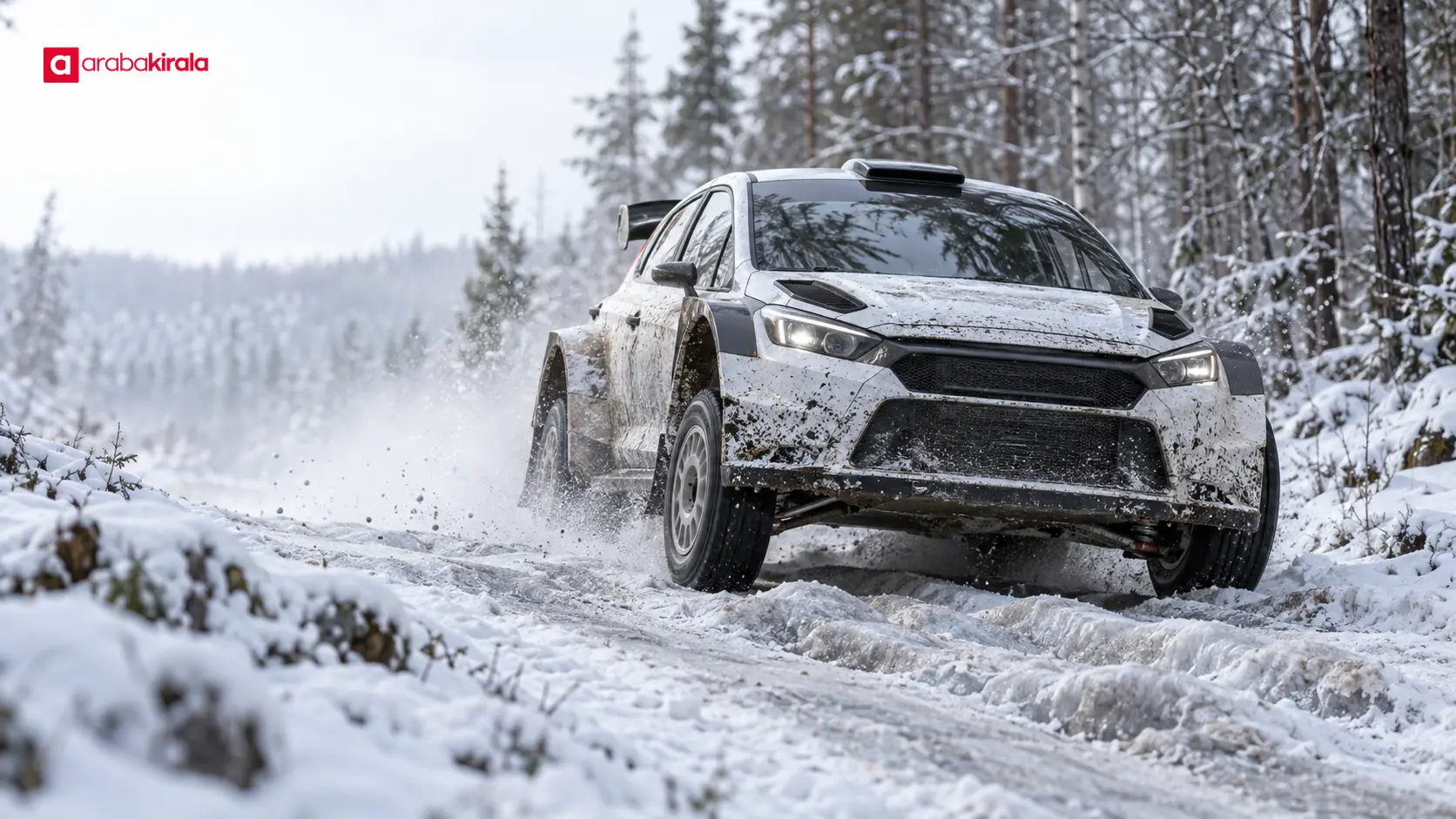Karlı ve buzlu etapta engebeli zemini izleyen ralli otomobili Karlı ve buzlu etapta engebeli zemini izleyen ralli otomobili