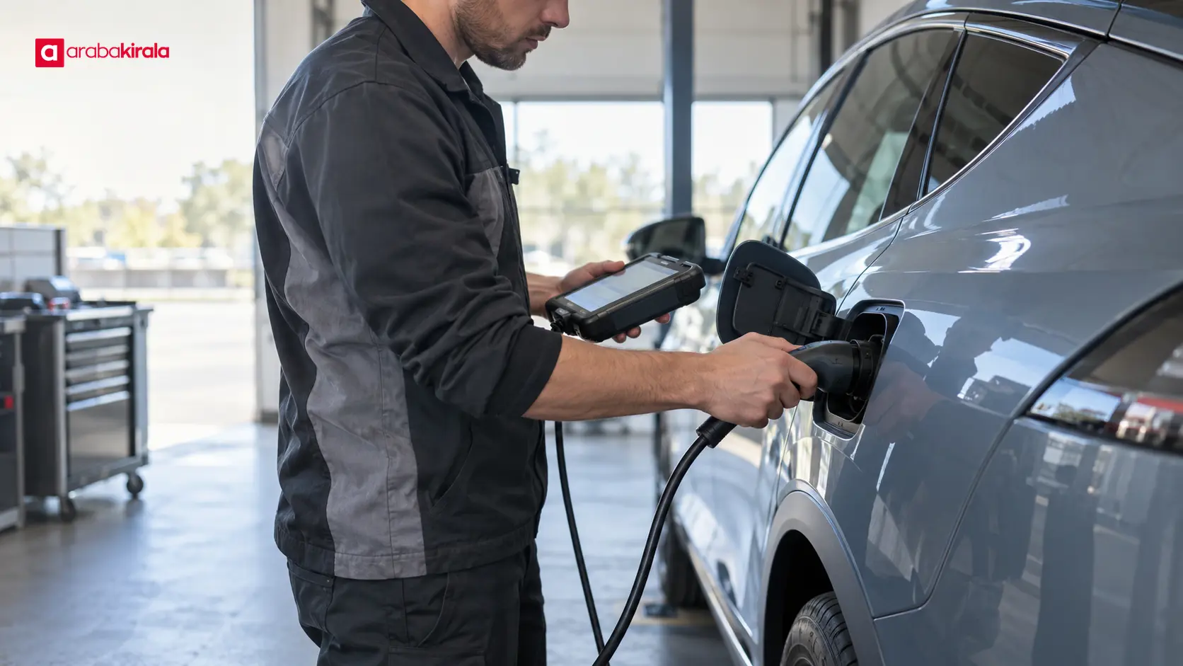 Teknisyenin elektrikli aracı tanı cihazına bağladığı servis sahnesi Teknisyenin elektrikli aracı tanı cihazına bağladığı servis sahnesi