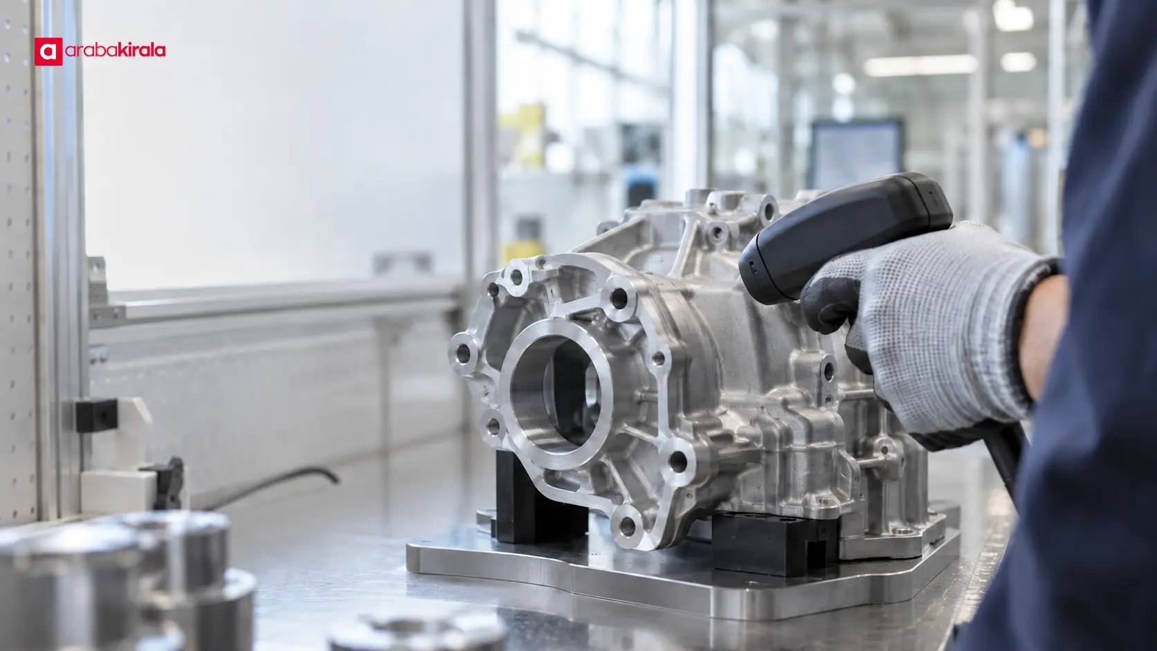 Üretim hattında metal otomotiv parçasının kimlik işaretini tarayan kalite kontrol çalışanı