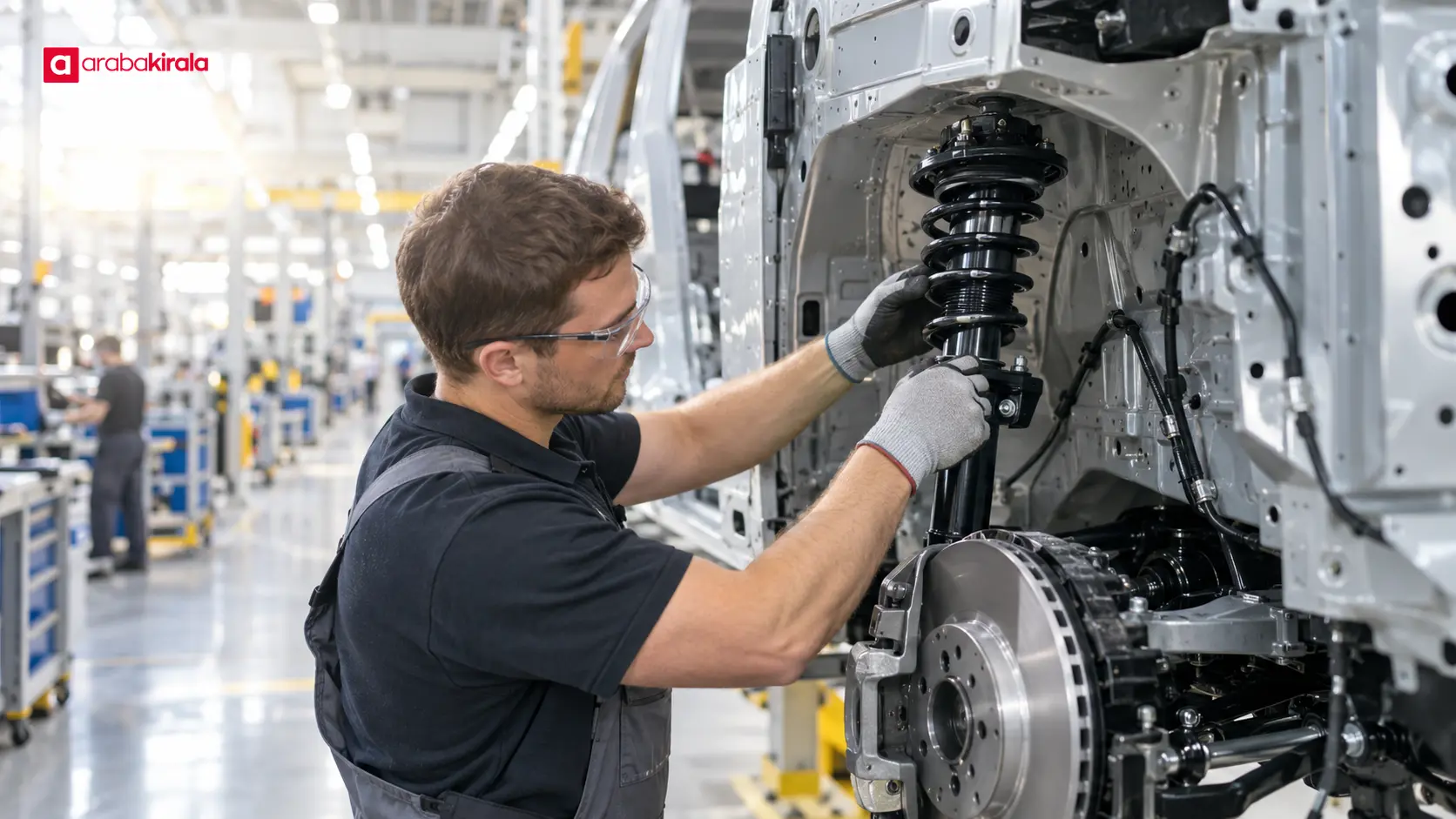 Montaj hattında izlenebilir bir otomotiv bileşenini araca yerleştiren teknisyen