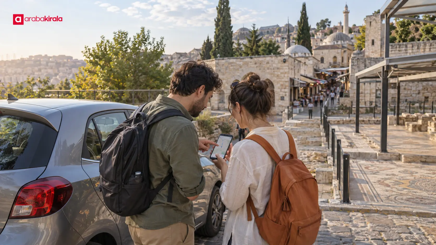 Tarihî merkez yakınındaki otoparkta aracını bırakıp yürüyüş rotasını inceleyen ziyaretçiler Tarihî merkez yakınındaki otoparkta aracını bırakıp yürüyüş rotasını inceleyen ziyaretçiler