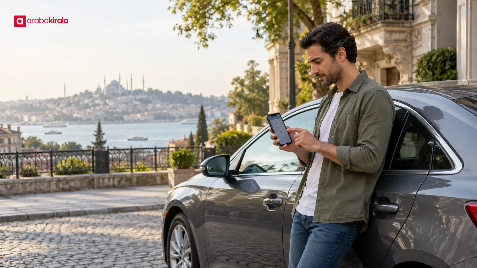 İstanbul’da sürücü, park halindeki aracının yanında otopark seçeneklerini telefonundan inceliyor