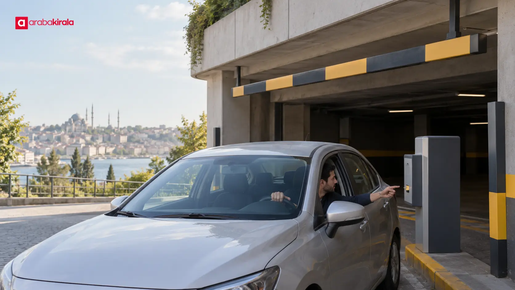 Sürücü, İstanbul’da kapalı otoparka girmeden önce araç yüksekliğini ve ödeme alanını kontrol ediyor