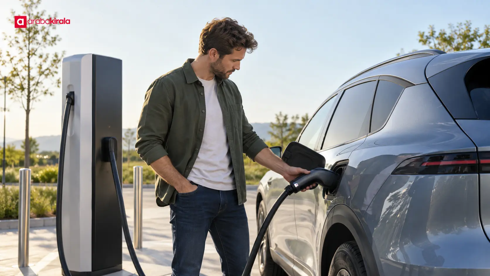 Sürücü hızlı şarj sırasında elektrikli aracın yanında bekliyor