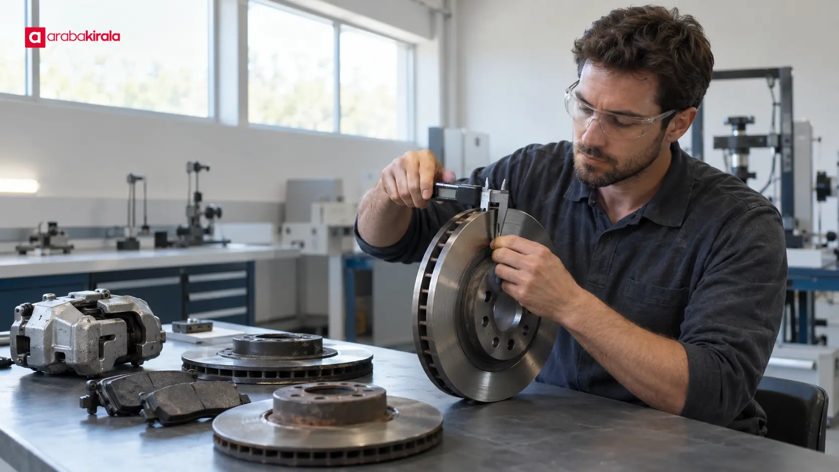 Otomotiv güvenlik laboratuvarında fren parçalarını ve ölçüm sonuçlarını inceleyen teknisyen Otomotiv güvenlik laboratuvarında fren parçalarını ve ölçüm sonuçlarını inceleyen teknisyen