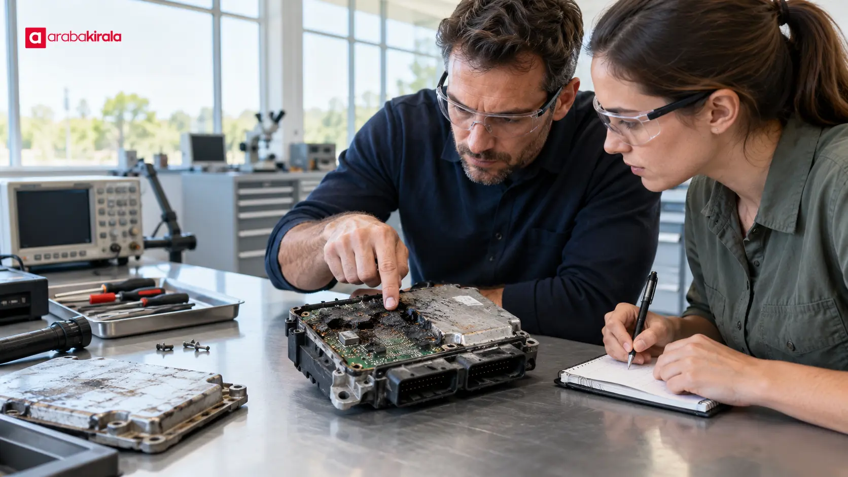 Mühendisler test ekipmanıyla elektronik kontrol modülündeki olası arızayı inceliyor Mühendisler test ekipmanıyla elektronik kontrol modülündeki olası arızayı inceliyor