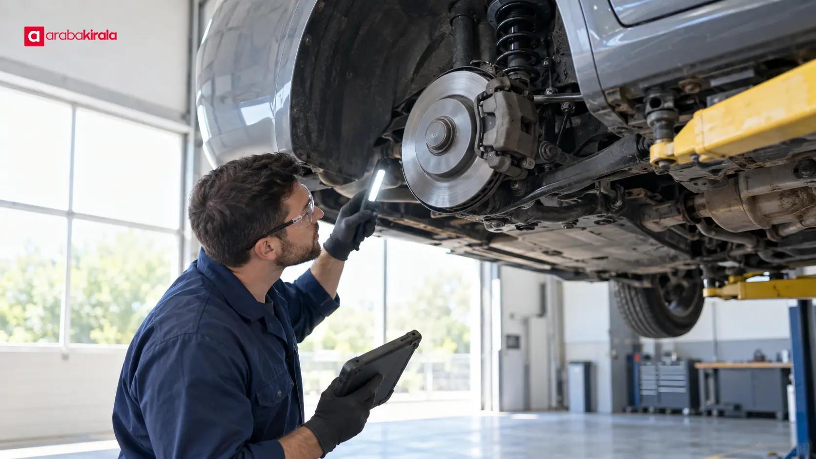 Servis alanında kaldırma platformundaki aracın tekerlek ve alt takımını kontrol eden teknisyen Servis alanında kaldırma platformundaki aracın tekerlek ve alt takımını kontrol eden teknisyen