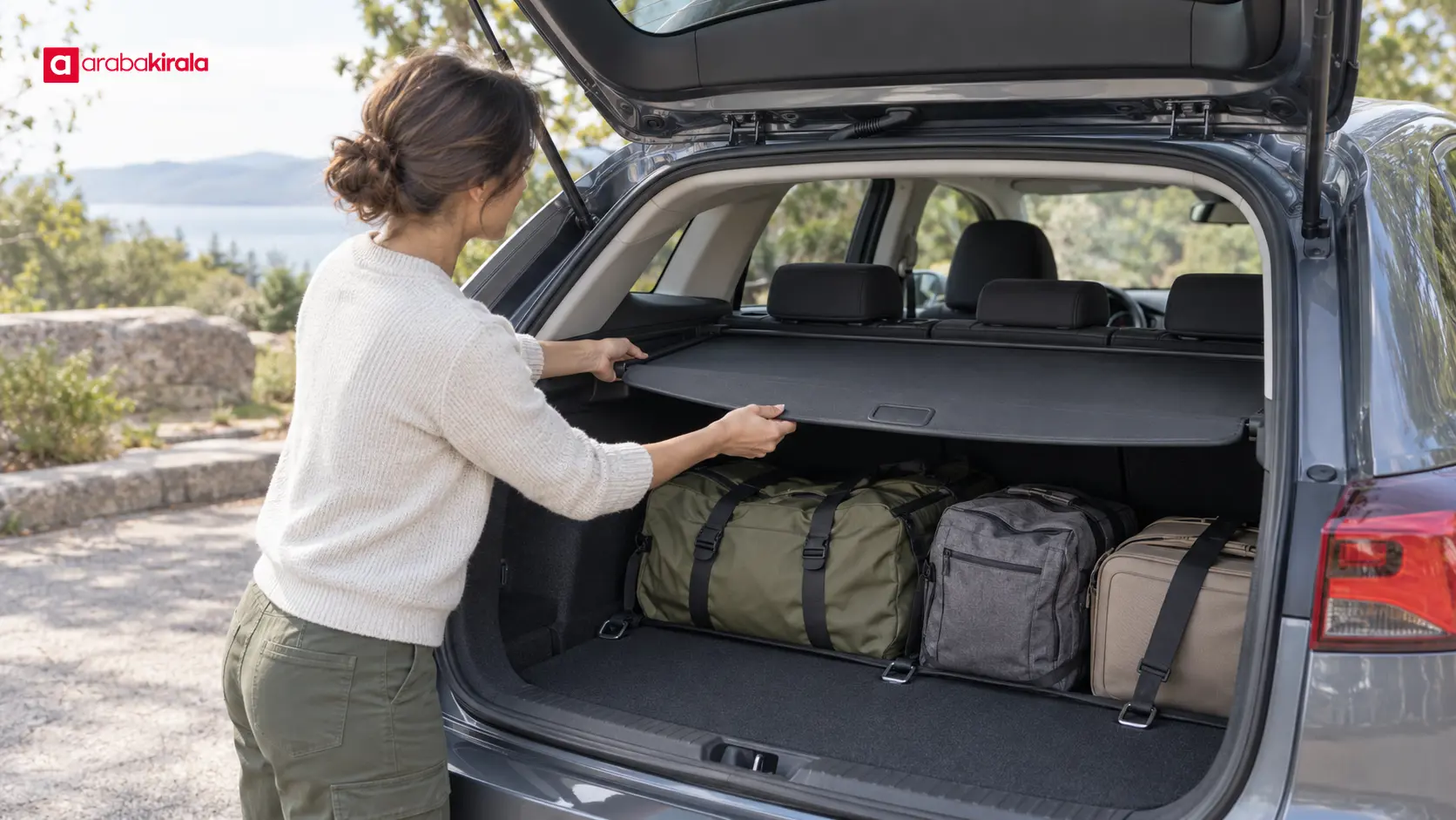 Hatchback bagajında örtü takılırken zemine düzenli yerleştirilmiş çantalar