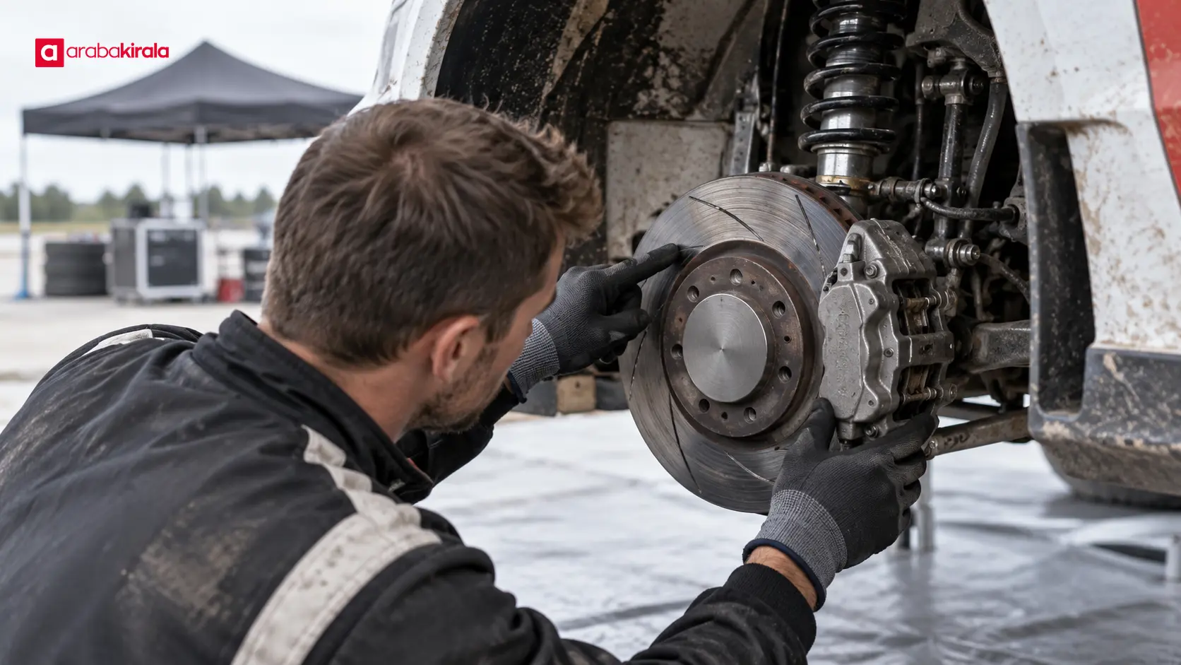 Servis alanında fren diskini inceleyen teknisyen Servis alanında fren diskini inceleyen teknisyen