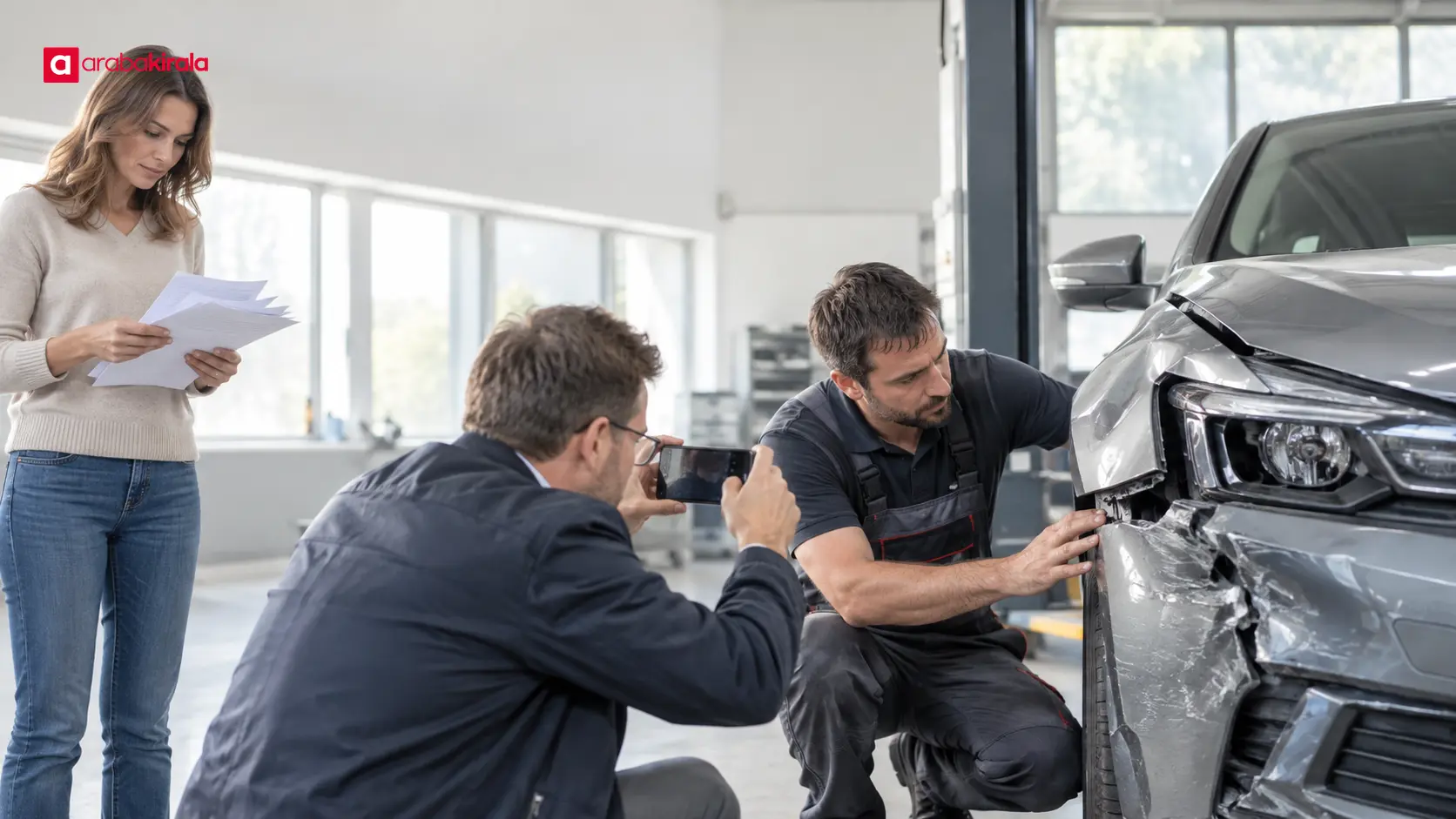 Servis teknisyeni ve eksper araçtaki hasarı atölyede incelerken sigortalı evrakları hazırlıyor Servis teknisyeni ve eksper araçtaki hasarı atölyede incelerken sigortalı evrakları hazırlıyor