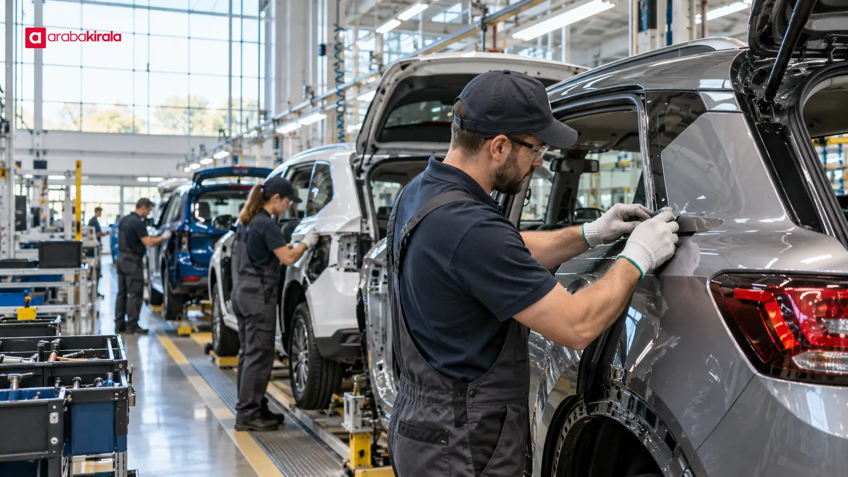 Otomotiv fabrikasında farklı araç gövdelerinin aynı montaj hattında üretimi Otomotiv fabrikasında farklı araç gövdelerinin aynı montaj hattında üretimi