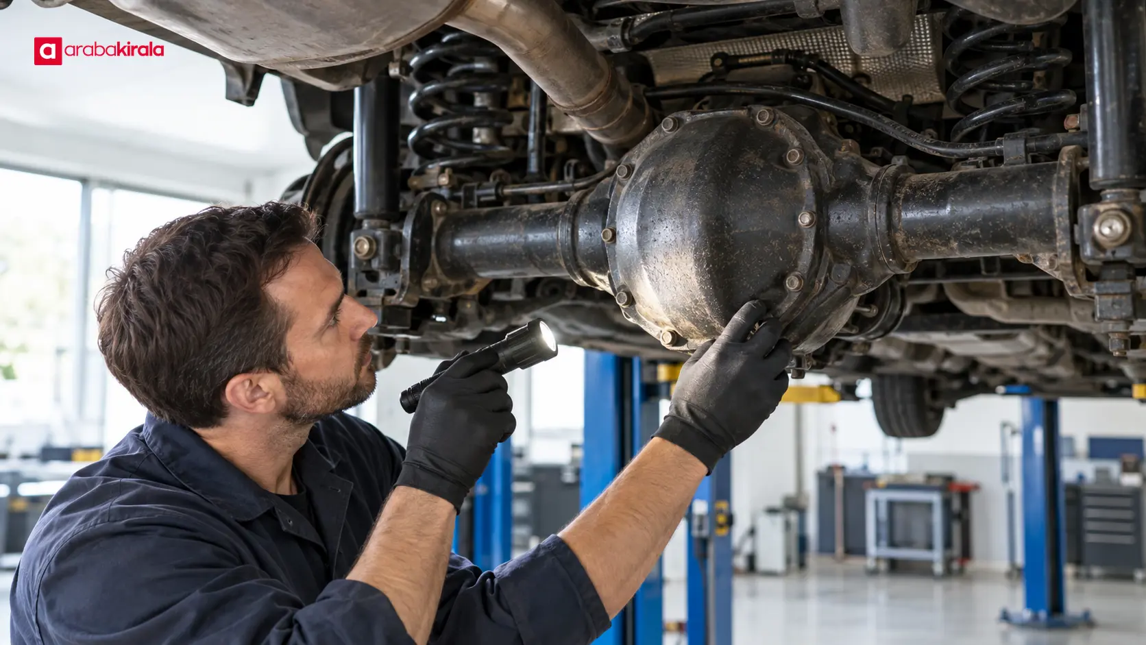 Atölyede otomobilin arka diferansiyel gövdesini inceleyen teknisyen Atölyede otomobilin arka diferansiyel gövdesini inceleyen teknisyen