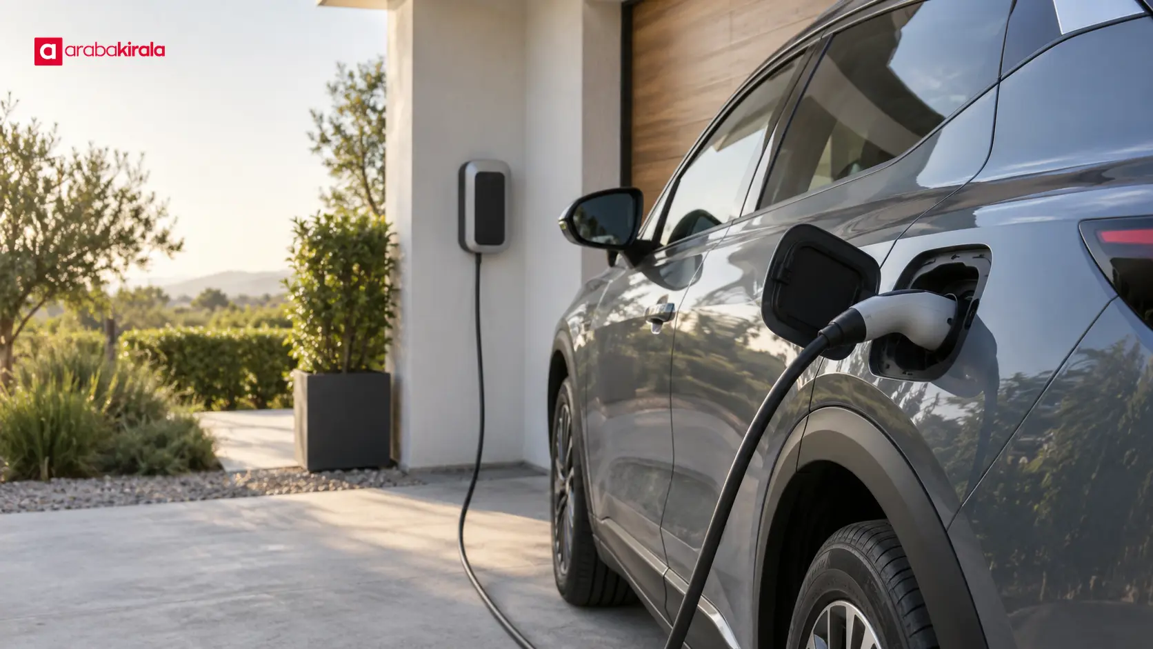 Park alanında şarj kablosuna bağlı elektrikli otomobil Park alanında şarj kablosuna bağlı elektrikli otomobil
