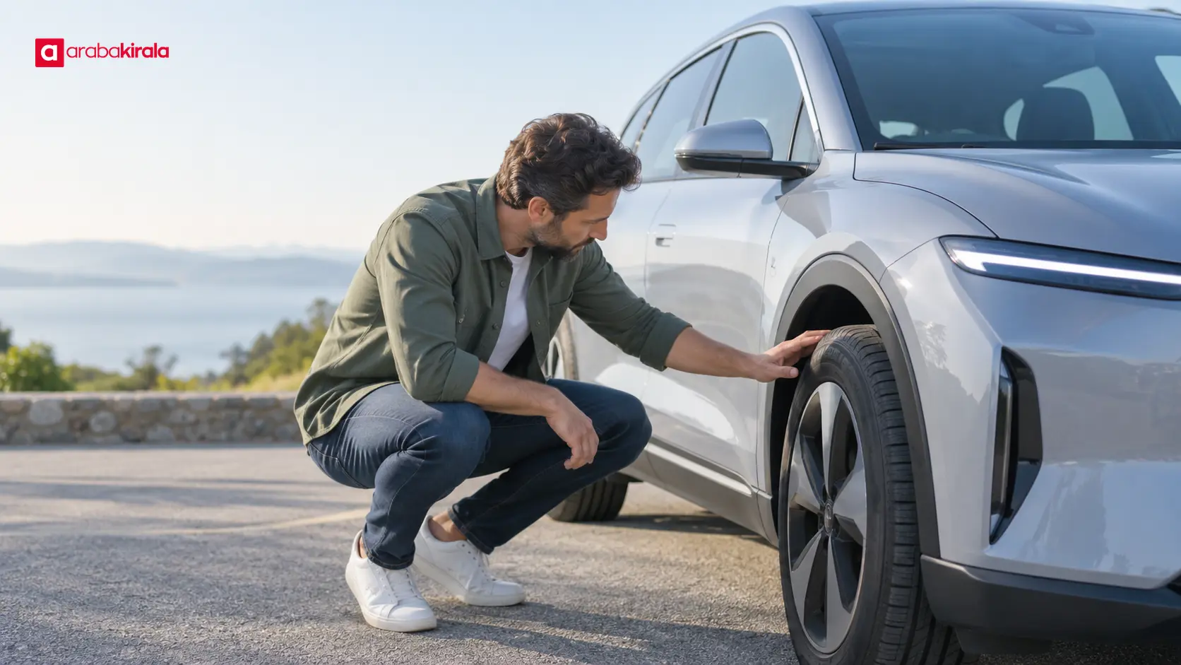 Sürücü park etmiş elektrikli otomobilin lastiklerini ve çevresini gözle kontrol ediyor Sürücü park etmiş elektrikli otomobilin lastiklerini ve çevresini gözle kontrol ediyor