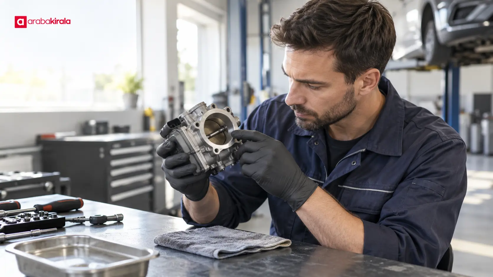 Servis teknisyeni sökülmüş araç parçasını onarım açısından inceliyor Servis teknisyeni sökülmüş araç parçasını onarım açısından inceliyor