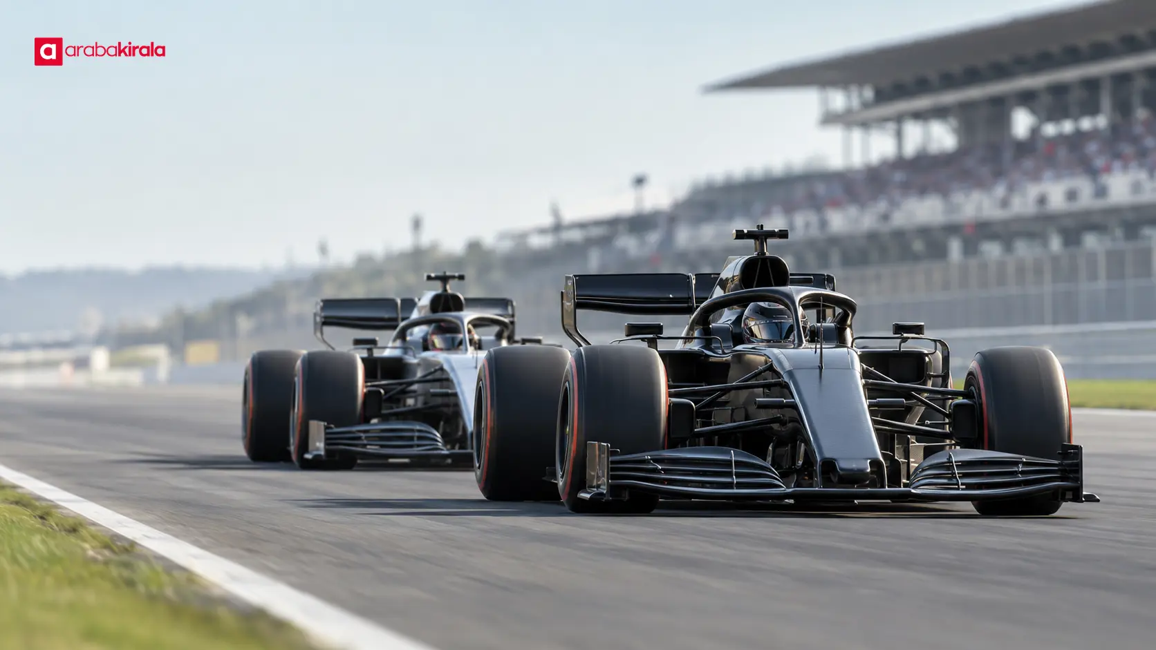 Düzlükte birbirini yakından takip eden iki Formula 1 aracı Düzlükte birbirini yakından takip eden iki Formula 1 aracı