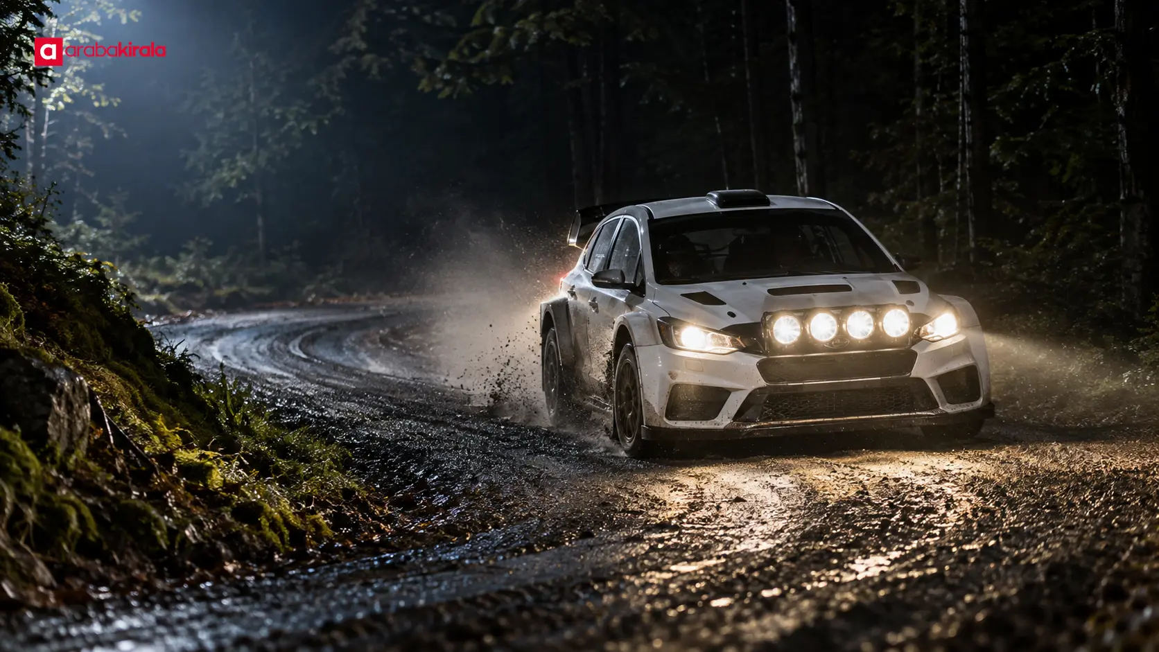 Gece ralli etabında yardımcı ışık podlarıyla yolu aydınlatan ralli otomobili Gece ralli etabında yardımcı ışık podlarıyla yolu aydınlatan ralli otomobili