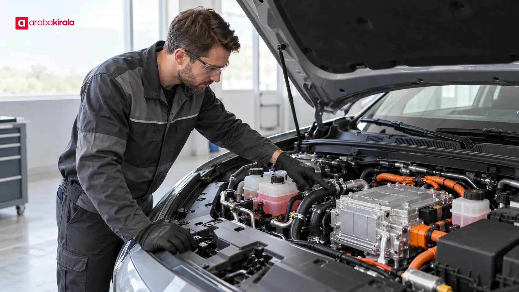 Teknisyenin elektrikli aracın ısı yönetimi bileşenlerini incelemesi Teknisyenin elektrikli aracın ısı yönetimi bileşenlerini incelemesi